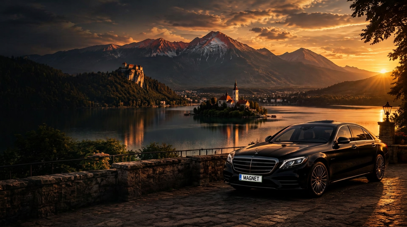 Black luxury car overlooking Lake Bled at sunset